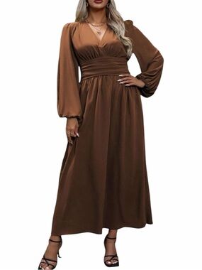 🆕SHEIN V-Neck Ruched Waist Lantern Sleeve Side Split Hem Elegant Dress